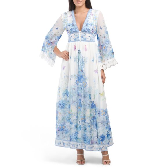 Dalia Macphee | Dresses | Dalia Macphee Bluewhite Bell Sleeve Floral ...